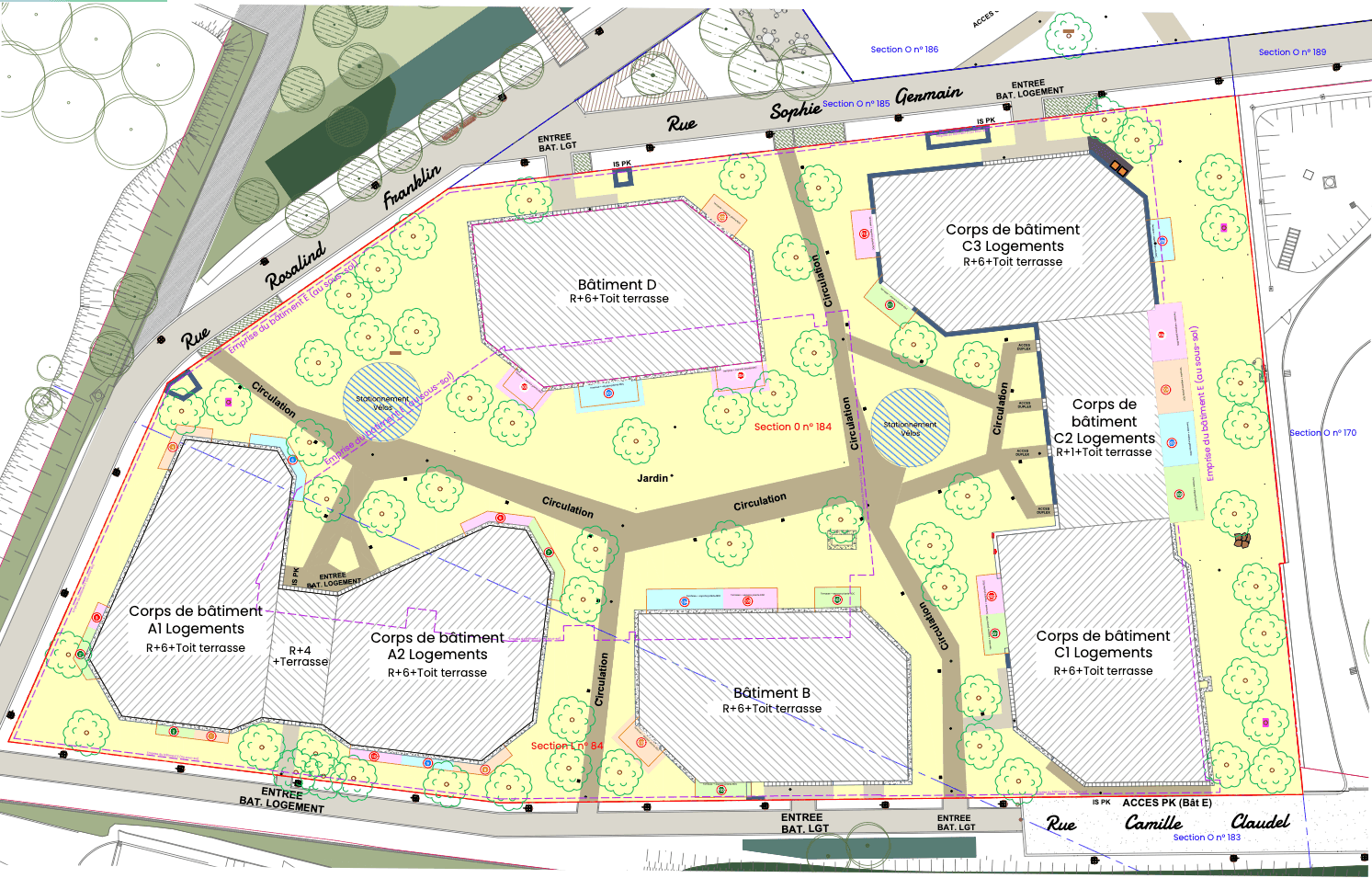 Plan de masse d’une opération de logements : emprises bâties, voirie, espaces plantés et sections cadastrales