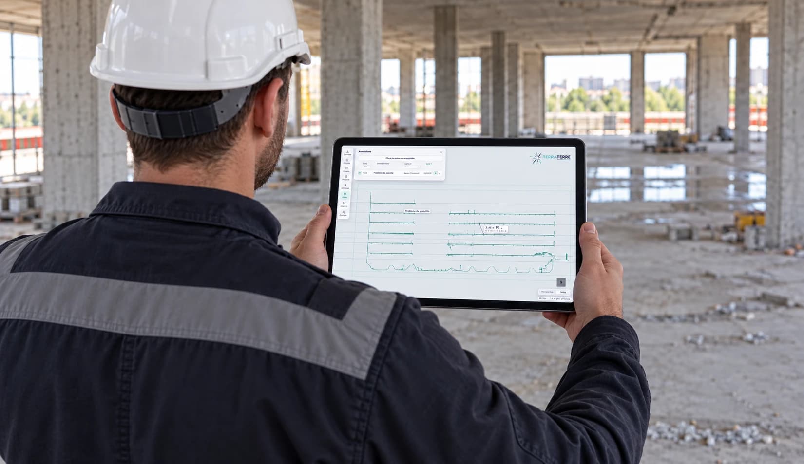 Un conducteur de travaux casqué consulte une coupe du relevé sur sa tablette, au milieu d’un plateau en structure.