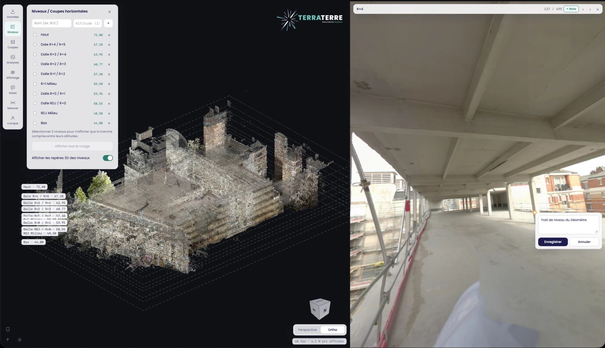 Le visualiseur TerraTerre : le nuage de points d’un immeuble en vue 3D, le panneau des niveaux enregistrés à gauche, et une photo 360° du chantier ouverte à droite.