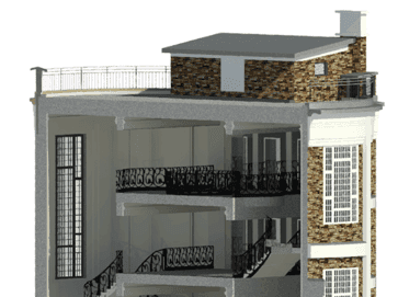 Maquette 3D en coupe axonométrique d’un immeuble haussmannien : planchers, balcons en ferronnerie et façade en pierre de taille