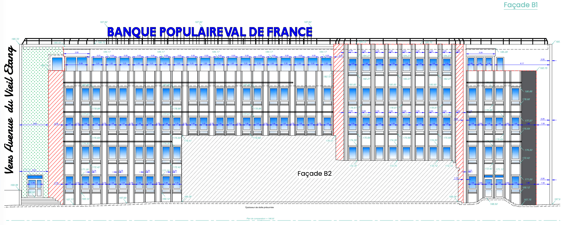 Plan de façades coté d’un immeuble de bureaux