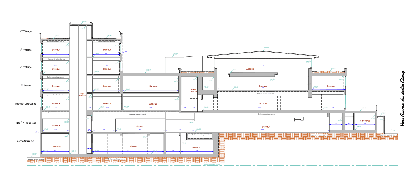 Plan de coupe d’un immeuble de bureaux : niveaux cotés du 4ᵉ étage au 3ᵉ sous-sol
